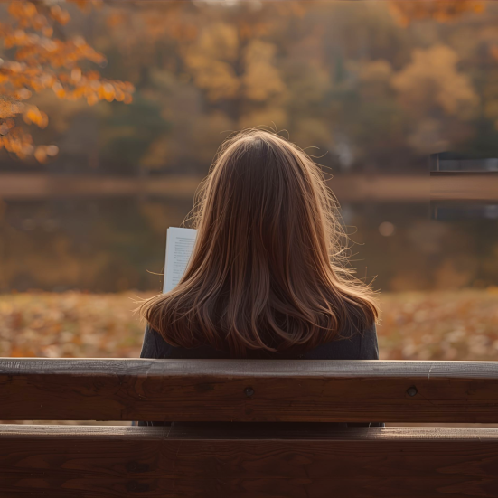 Pige læser på bænk