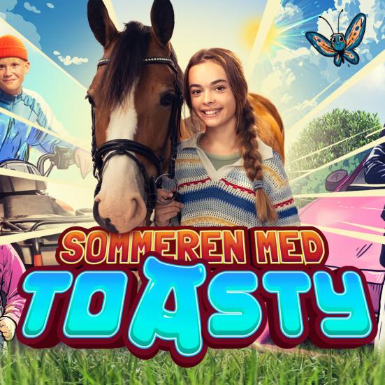 Filmbilleder fra Toasty med sommerbaggrund, børn og hest i fokus.
