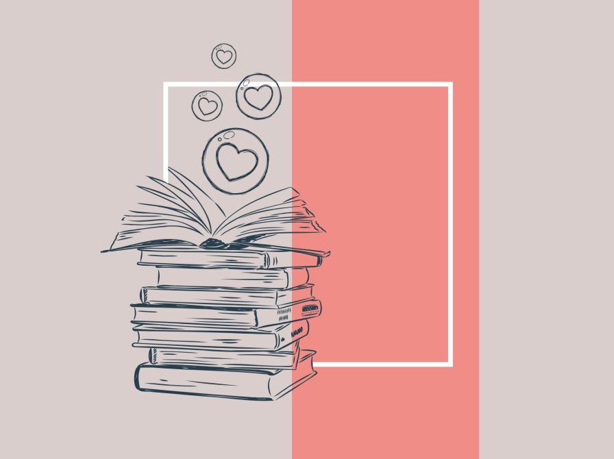 Illustration af en stak bøger med en åben bog øverst og hjertebobler over.