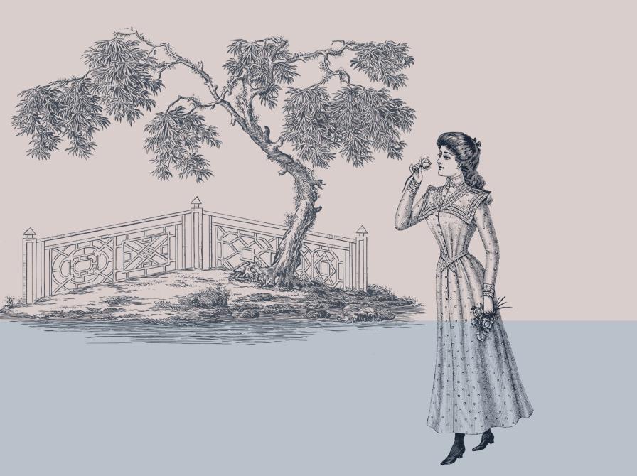 Stregtegning af 1800-tals-dame og bro